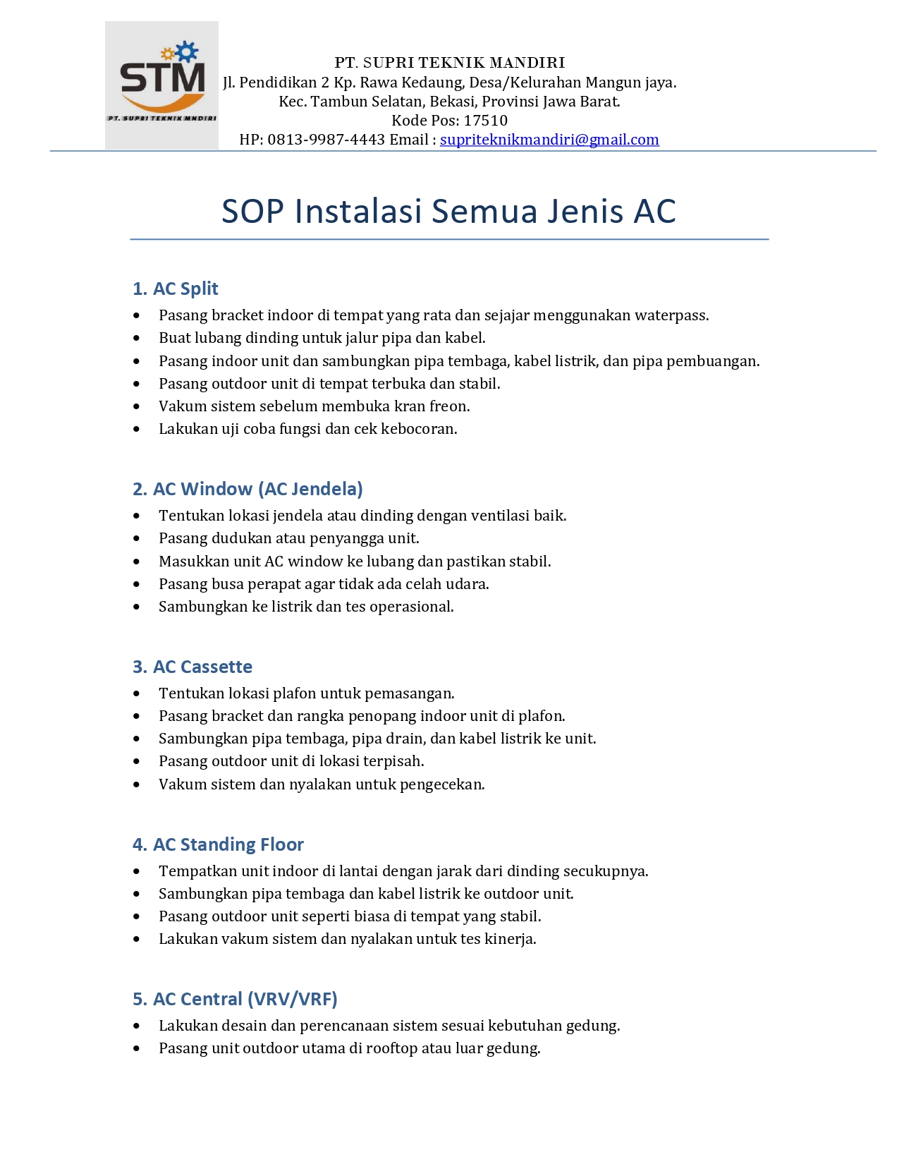 Dokumen resmi: SOP INSTALASI PT STM Kontraktor AC